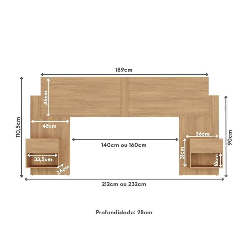 Cabeceira Casal/Queen com 2 Mesas de Cabeceira 232cm Multimóveis MP4317 Madeirado