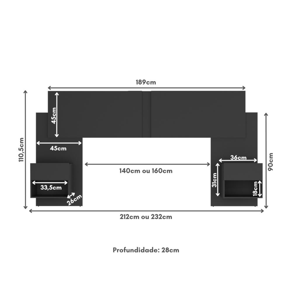 Cabeceira Casal/Queen com 2 Mesas de Cabeceira 232cm Multimóveis MP4317 Preto