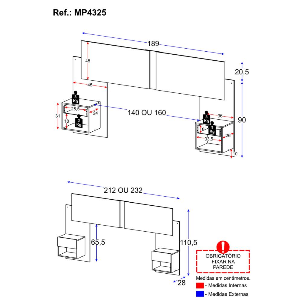 Cabeceira Casal/Queen com 2 Mesas de Cabeceira 232cm Multimóveis MP4325 Branco