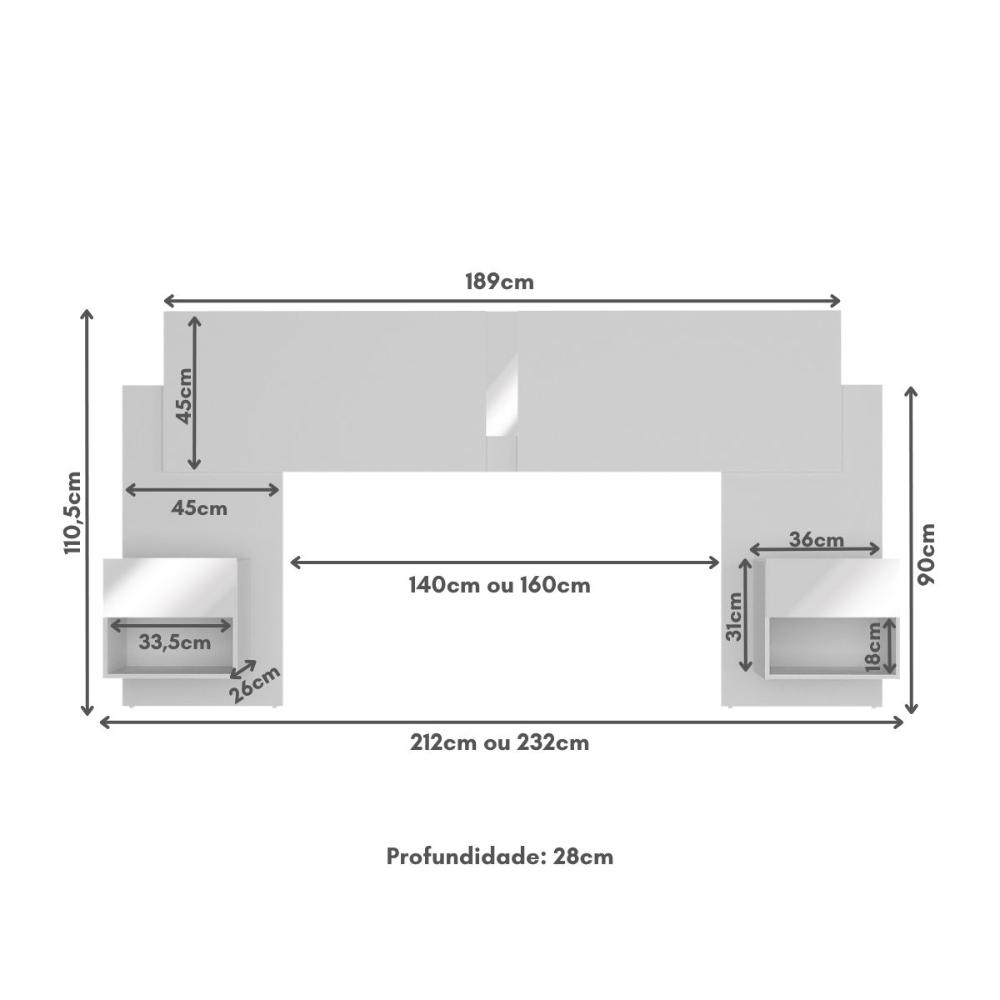 Cabeceira Casal/Queen com Espelhos e 2 Mesas de Cabeceira 232cm Multimóveis MP4324 Branco