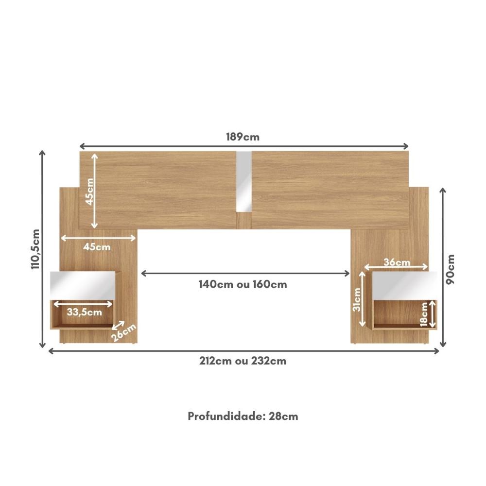 Cabeceira Casal/Queen com Espelhos e 2 Mesas de Cabeceira 232cm Multimóveis MP4324 Madeirado