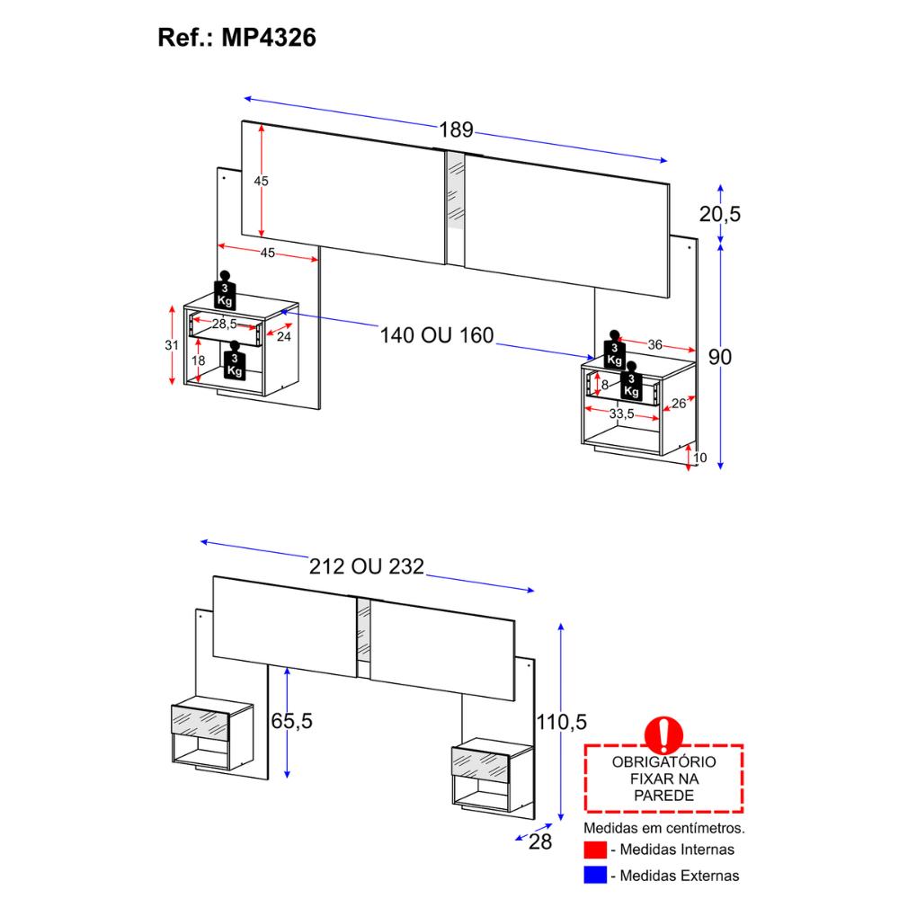 Cabeceira Casal/Queen com Espelhos e 2 Mesas de Cabeceira 232cm Multimóveis MP4326 Branco