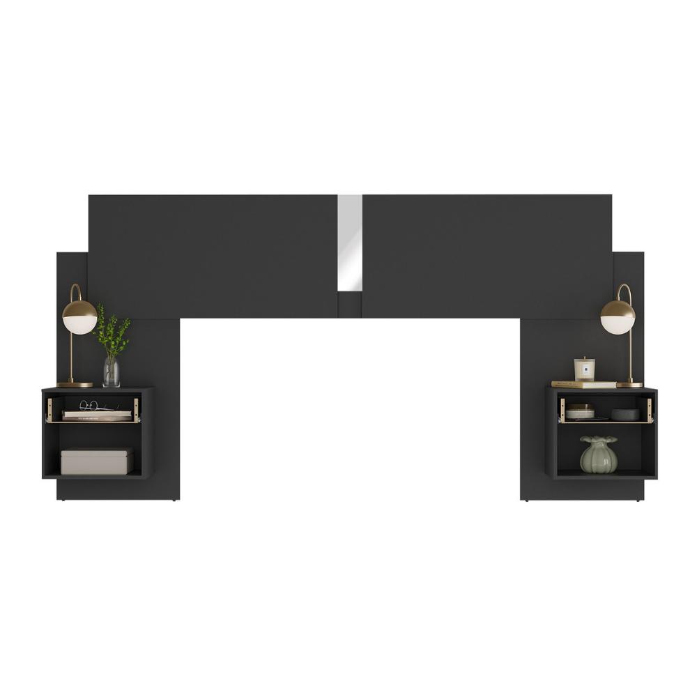 Cabeceira Casal/Queen com Espelhos e 2 Mesas de Cabeceira 232cm Multimóveis MP4326 Preto