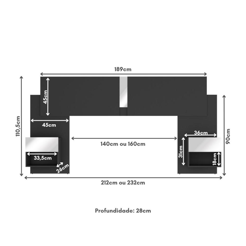 Cabeceira Casal/Queen com Espelhos e 2 Mesas de Cabeceira 232cm Multimóveis MP4326 Preto