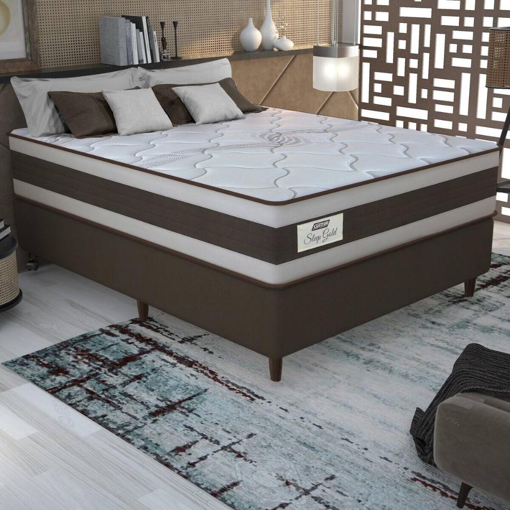 Cama Box Conjugado Casal com Colchão (138x73x188) Sleep Gold Gazin CR35355 Marrom/Bege