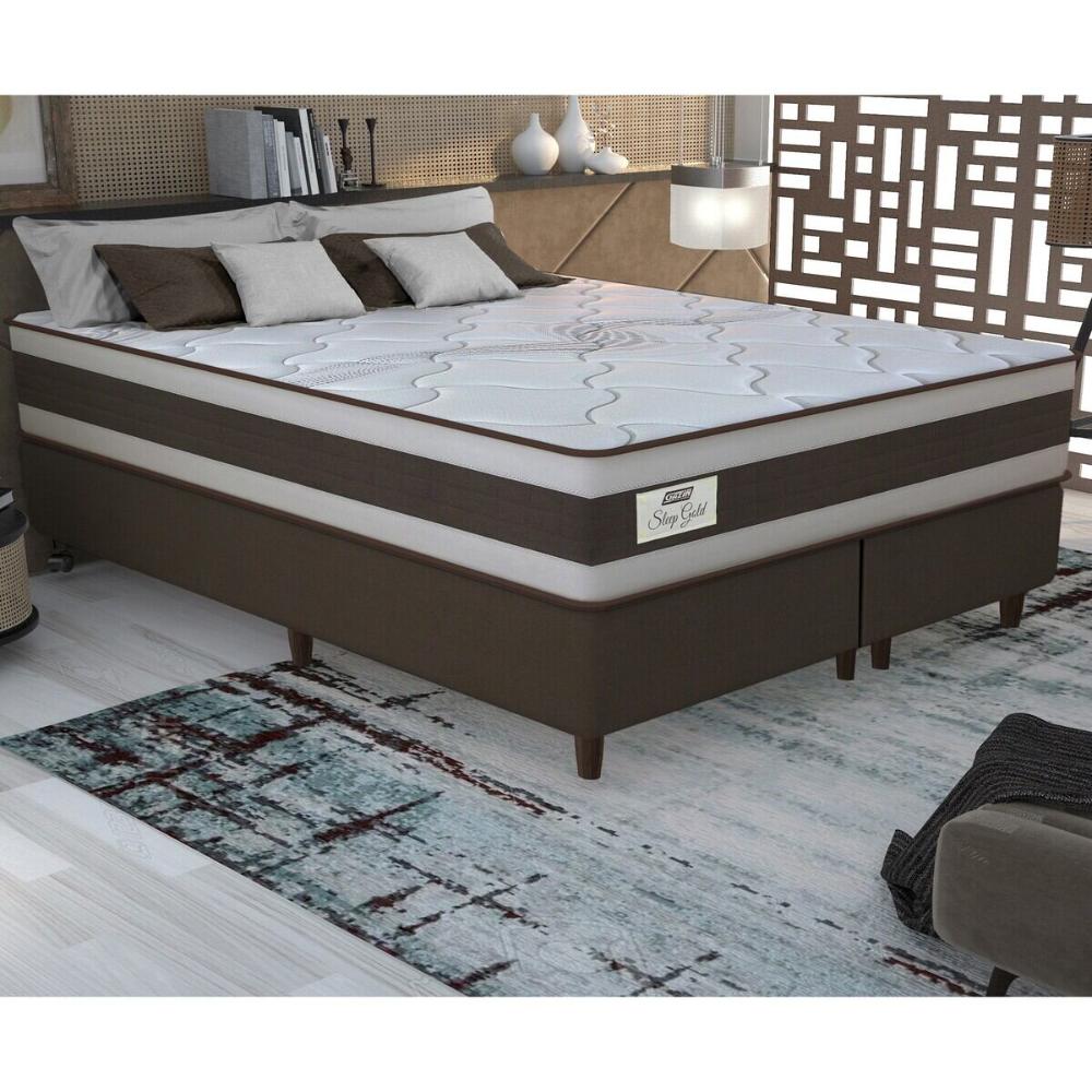 Cama Box Conjugado King com Colchão (193x73x203) Sleep Gold Gazin CR35356 Marrom/Bege