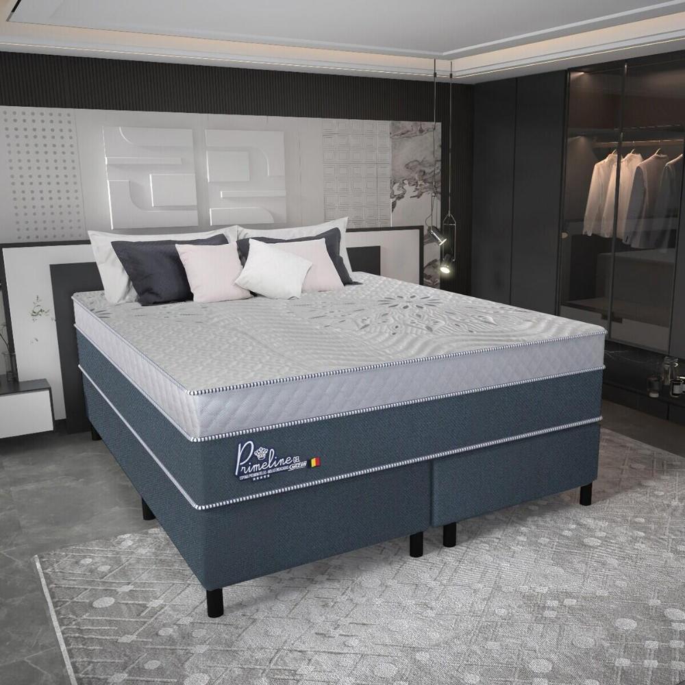 Cama Box Conjugado Queen com Colchão (158x72x198) Primeline Gel Gazin CR35343 Azul Escuro