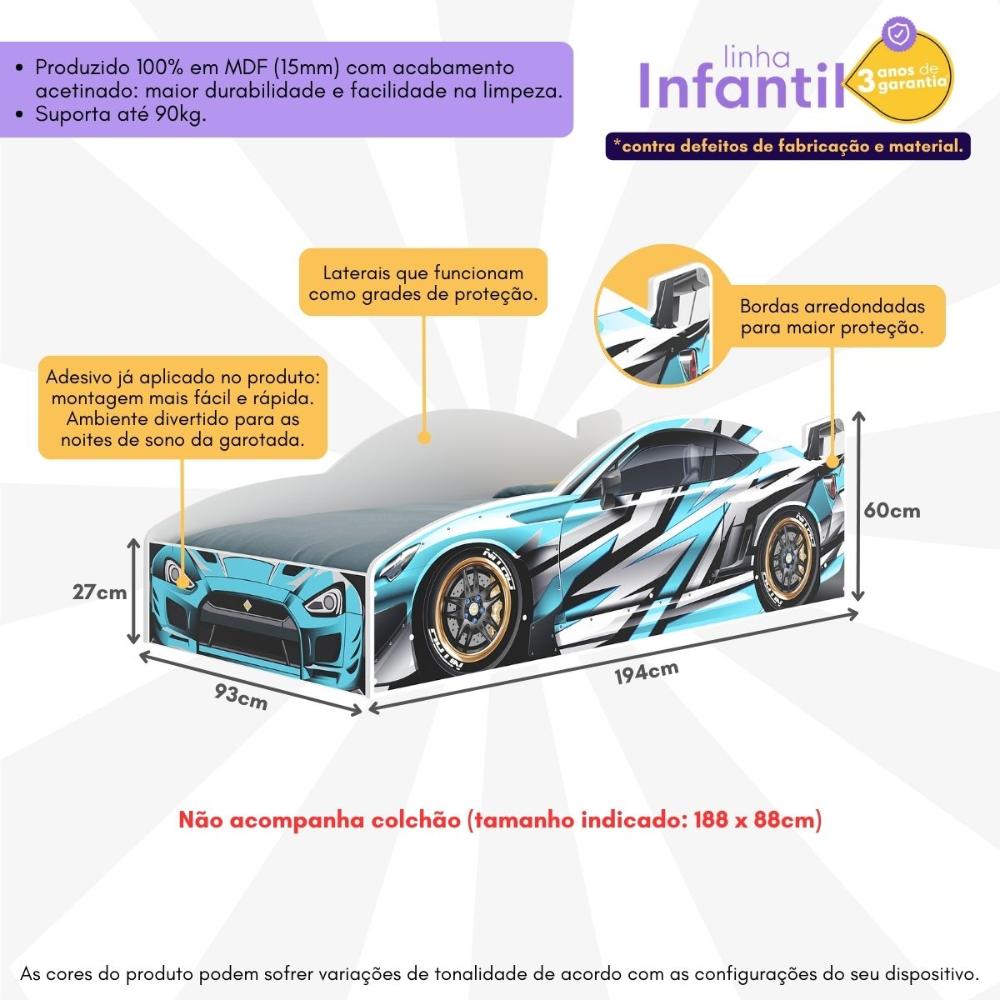 Cama Carro 100% MDF Infantil Montessoriana para Colchão 88x188cm Multimóveis MP4318 Azul
