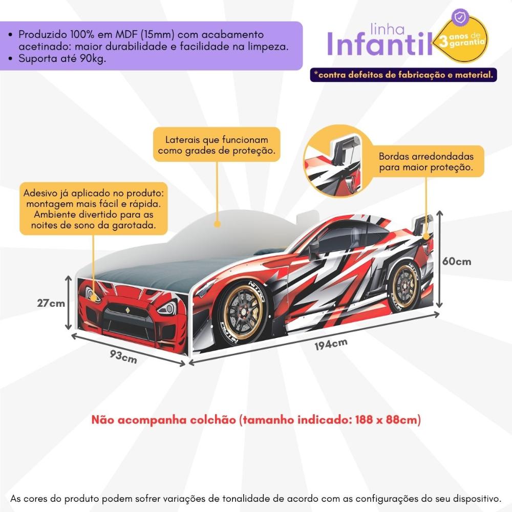 Cama Carro 100% MDF Infantil Montessoriana para Colchão 88x188cm Multimóveis MP4318 Vermelho