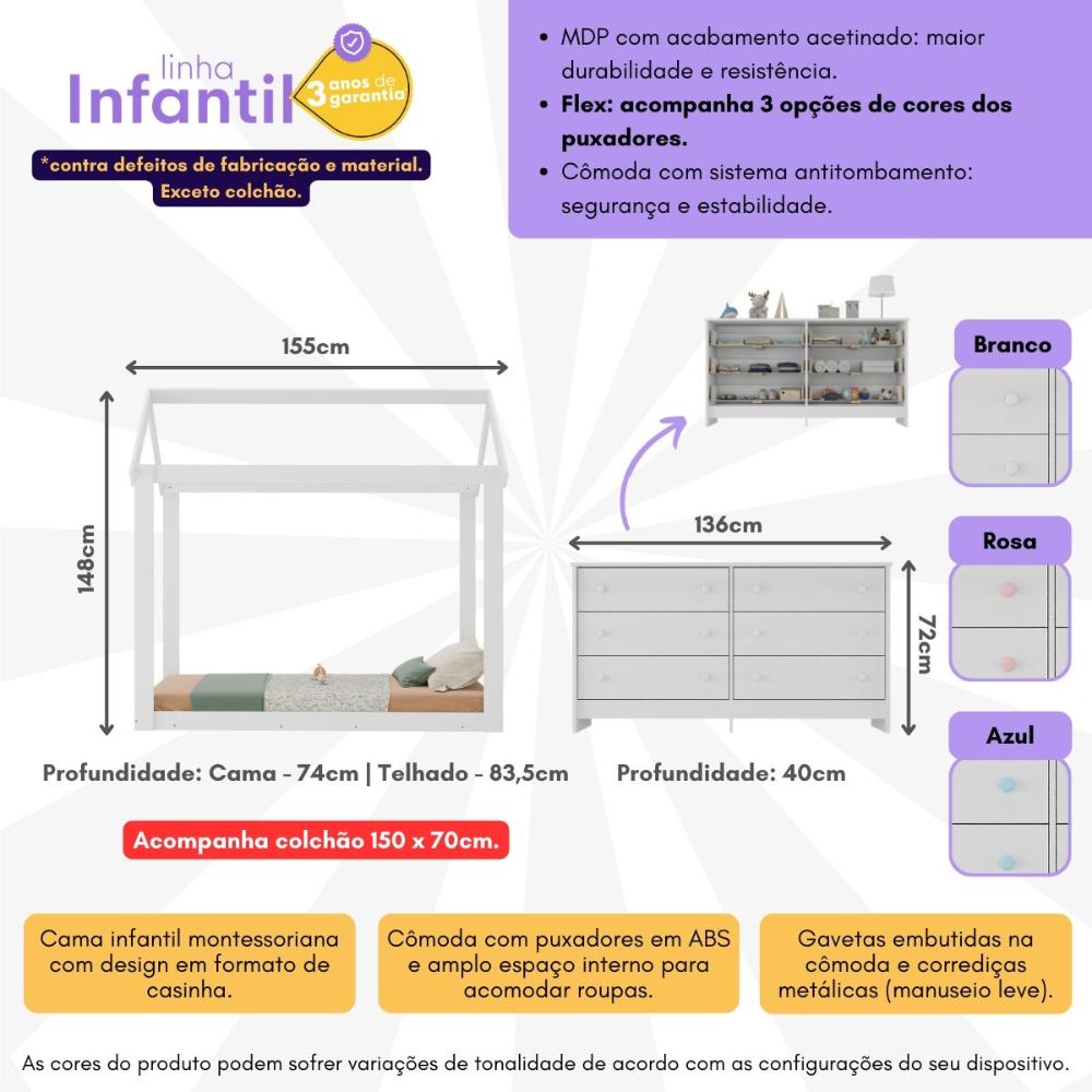 Cama Infantil Montessoriana com Colchão Incluso e Cômoda Bambolê Multimóveis MX4288 Branco