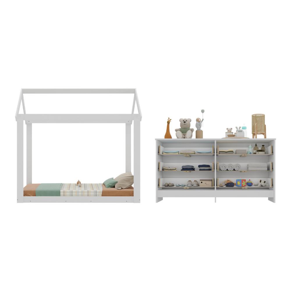 Cama Infantil Montessoriana com Colchão Incluso e Cômoda Bambolê Multimóveis MX4288 Branco
