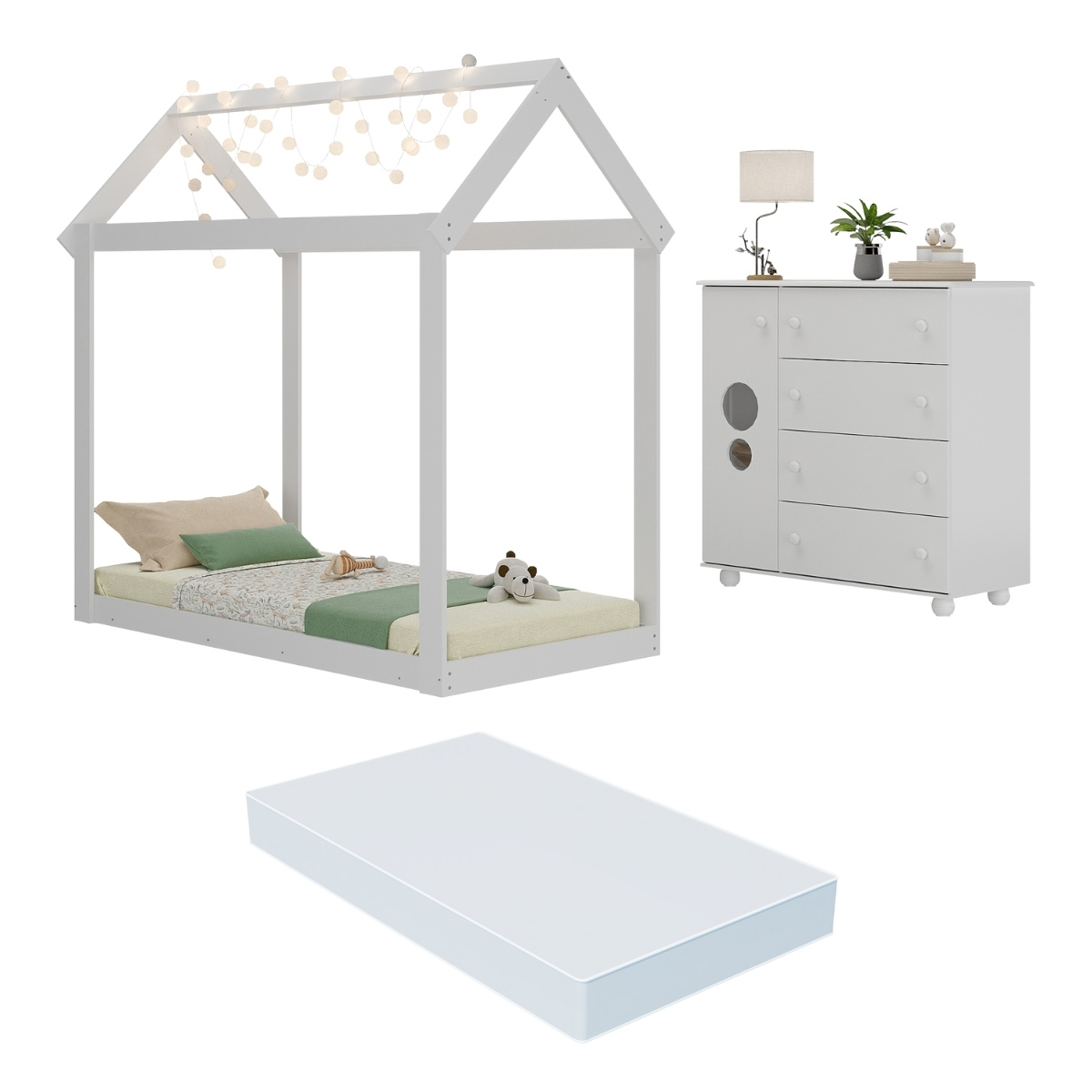 Cama Infantil Montessoriana com Colchão Incluso e Cômoda Pimpolho Multimóveis MX4282 Branco