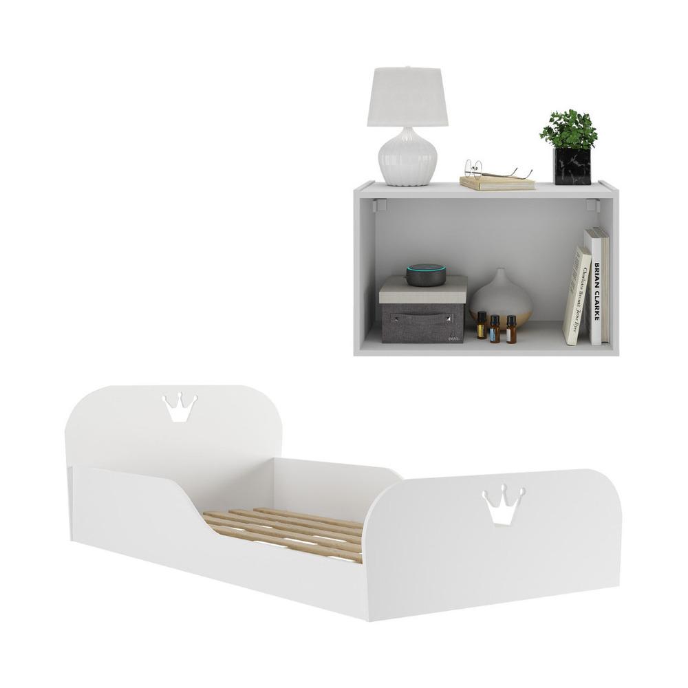 Cama Infantil Montessoriana com Colchão Incluso e Mesa de Cabeceira 2 Portas Multimóveis MP4195 Branca
