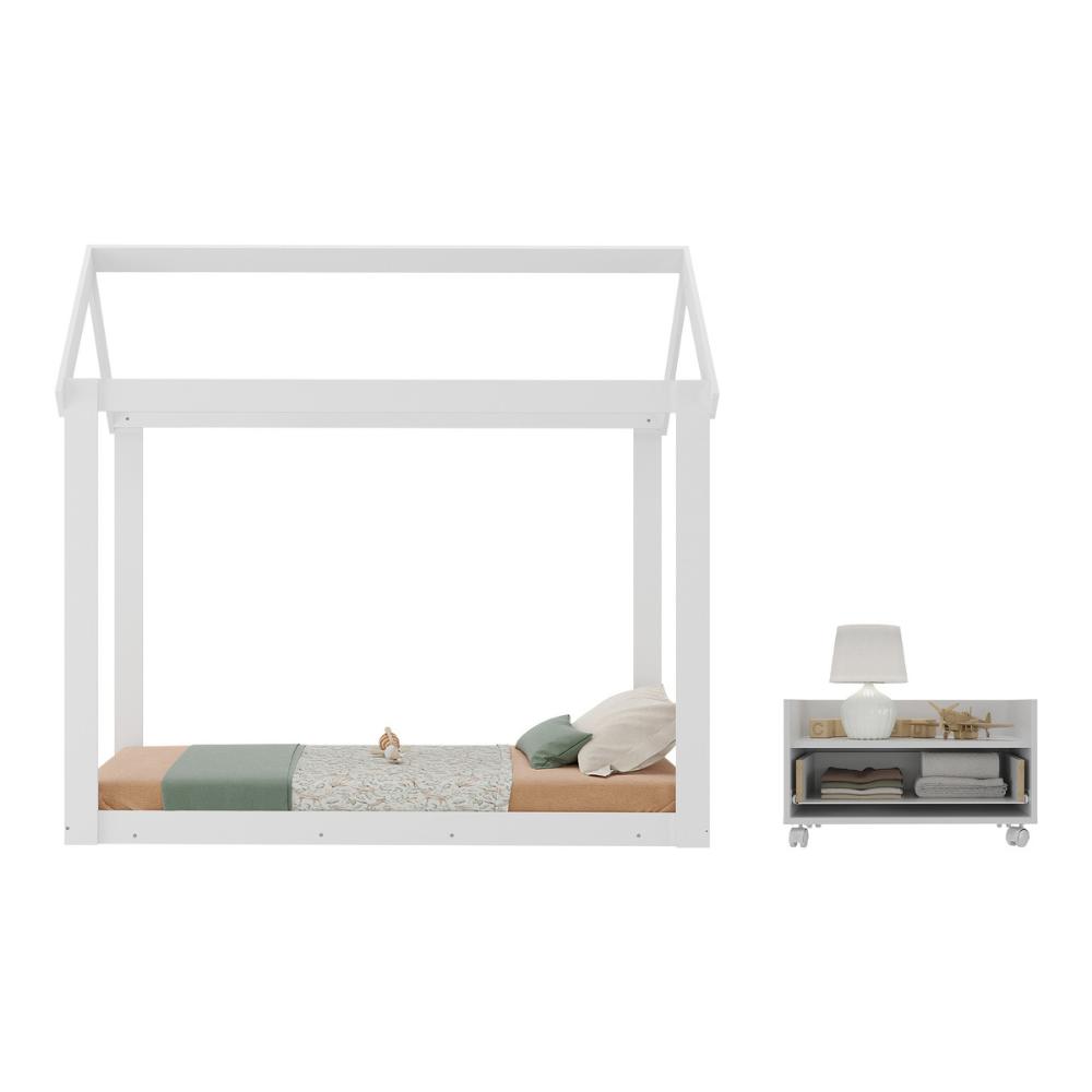 Cama Infantil Montessoriana com Colchão Incluso e Mesa de Cabeceira Bambolê Multimóveis MX4286 Branco