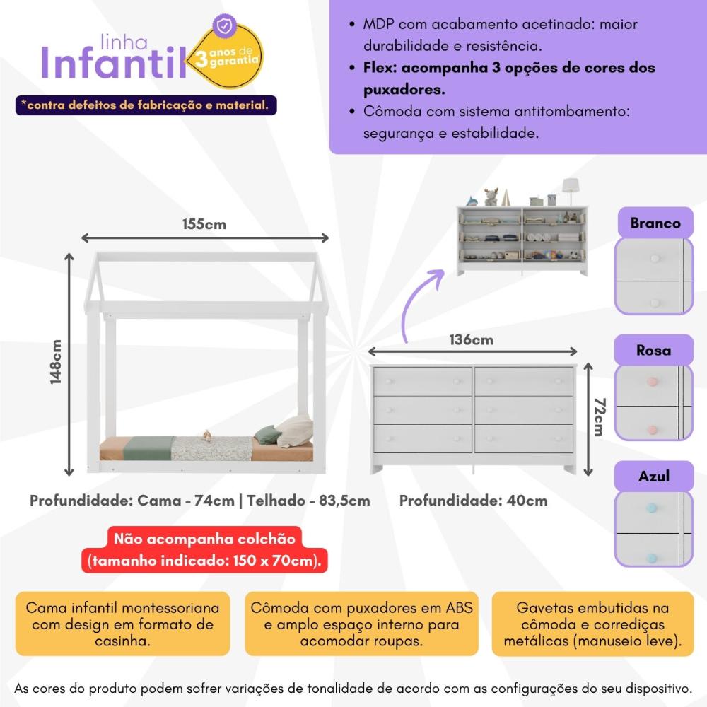 Cama Infantil Montessoriana para Colchão 150 x 70cm com Cômoda Bambolê Multimóveis MX4287 Branco