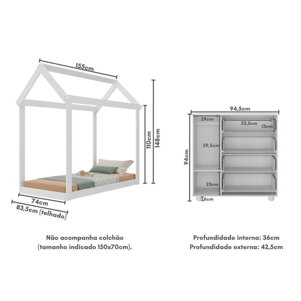 Cama Infantil Montessoriana para Colchão 150x70cm com Cômoda Pimpolho Multimóveis MX4281 Branco