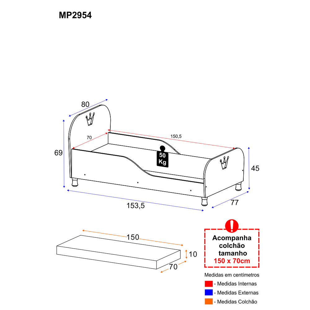 Cama Infantil com Colchão Incluso 70 x 150 cm 100% MDF Realeza Multimóveis Branca