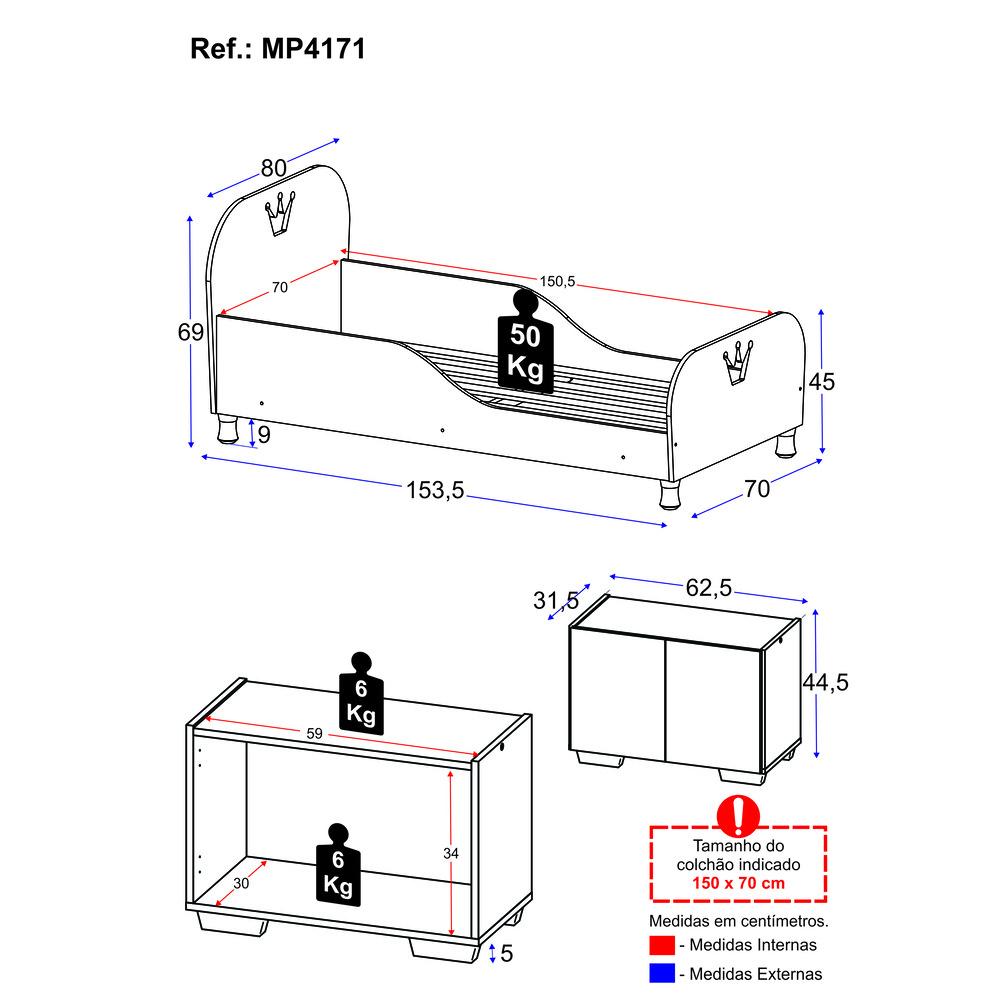 Cama Infantil para Colchão 70 x 150 cm e Mesa de Cabeceira 2 Portas Multimóveis MP4171 Branca