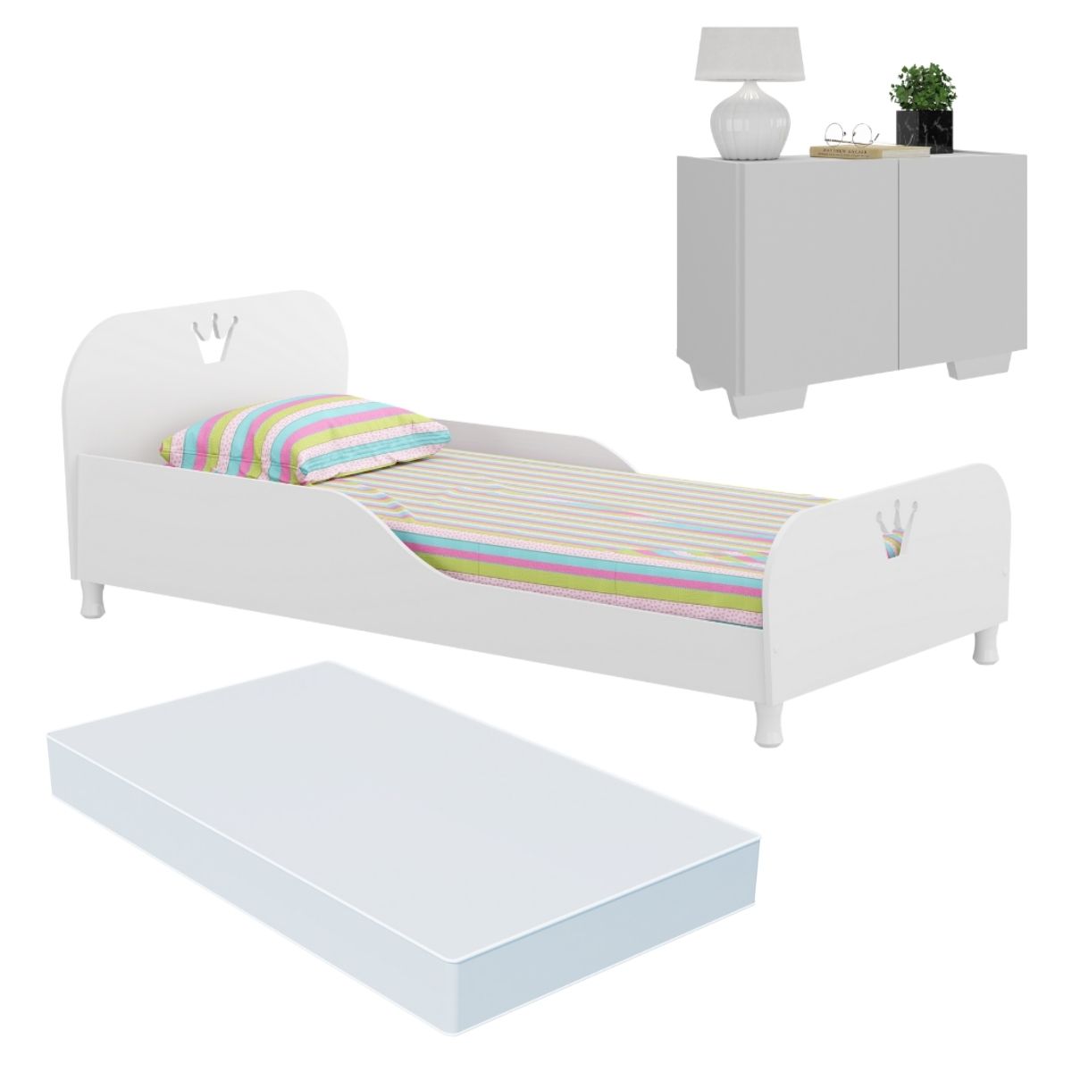Cama Solteiro 100% MDF com Colchão e Mesa de Cabeceira 2 Portas Multimóveis MP4186 Branca