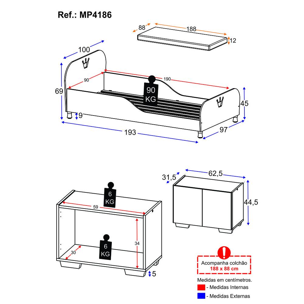 Cama Solteiro 100% MDF com Colchão e Mesa de Cabeceira 2 Portas Multimóveis MP4186 Branca