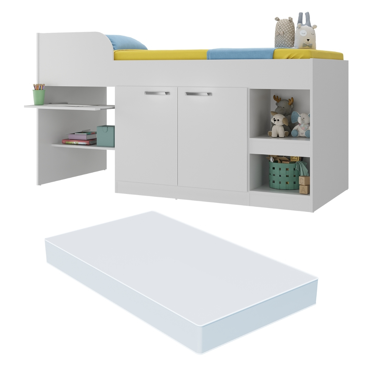 Cama Solteiro Multifuncional com Colchão Incluso 2 Portas e Escrivaninha Multimóveis MP4233 Branco