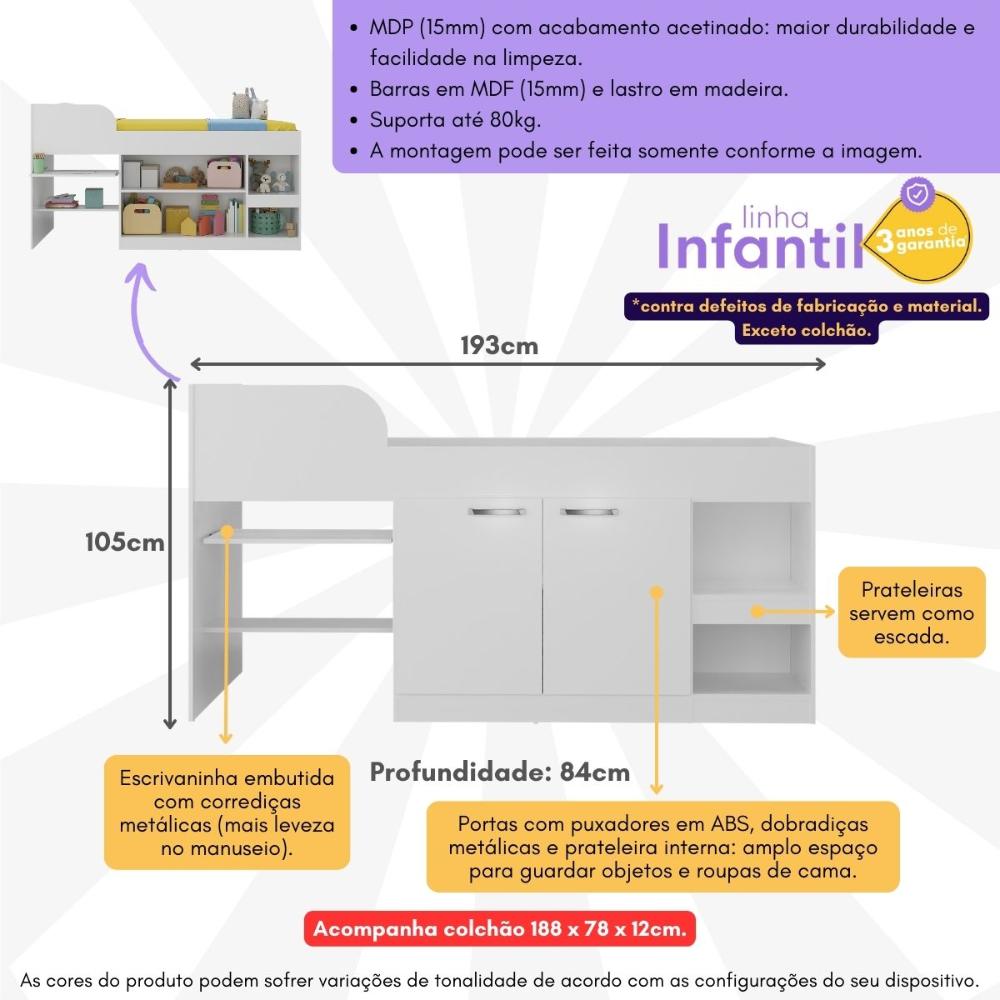 Cama Solteiro Multifuncional com Colchão Incluso 2 Portas e Escrivaninha Multimóveis MP4233 Branco