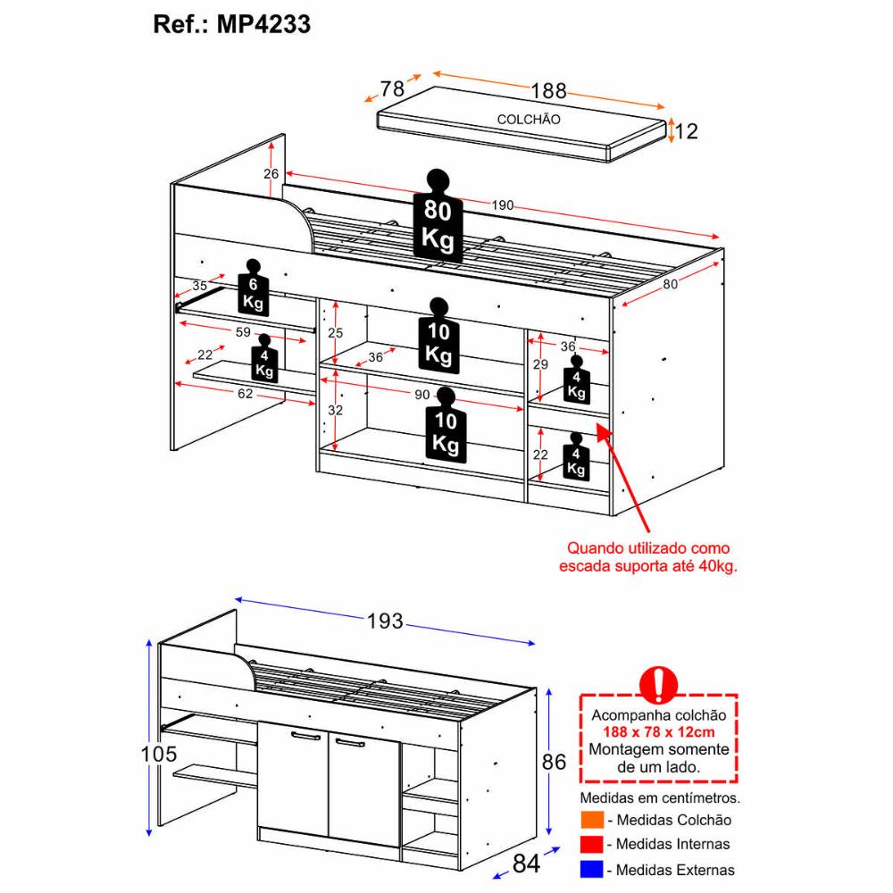 Cama Solteiro Multifuncional com Colchão Incluso 2 Portas e Escrivaninha Multimóveis MP4233 Branco