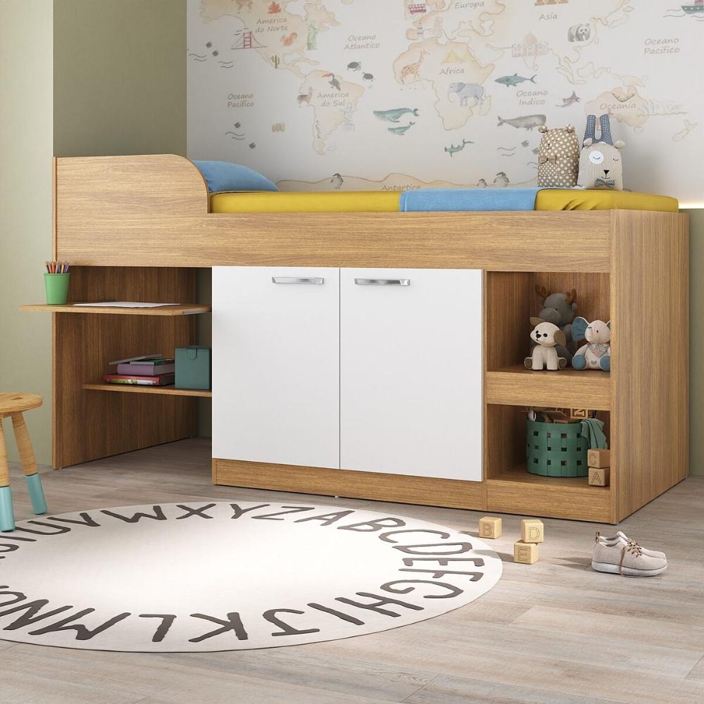 Cama Solteiro Multifuncional com Colchão Incluso 2 Portas e Escrivaninha Multimóveis MP4233 Rustic/Branco