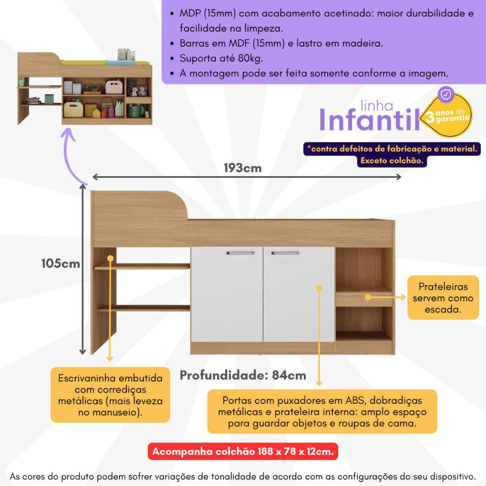 Cama Solteiro Multifuncional com Colchão Incluso 2 Portas e Escrivaninha Multimóveis MP4233 Rustic/Branco