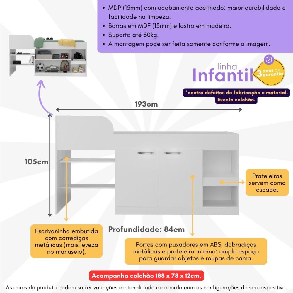 Cama Solteiro Multifuncional com Colchão Incluso 2 Portas e Escrivaninha Multimóveis MP4235 Branco