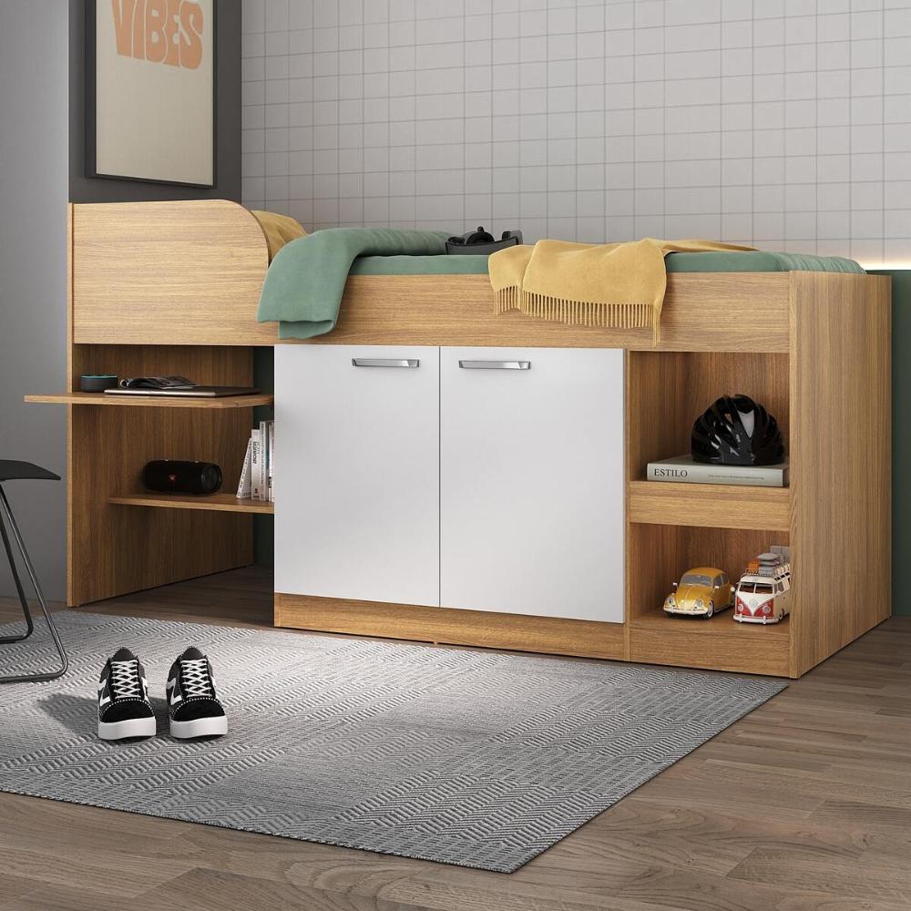 Cama Solteiro Multifuncional com Colchão Incluso 2 Portas e Escrivaninha Multimóveis MP4235 Rustic/Branco