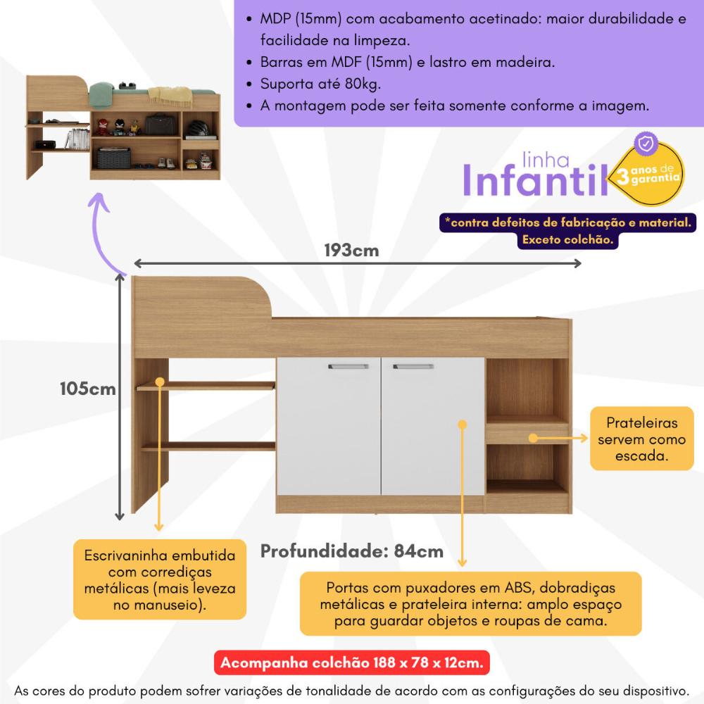 Cama Solteiro Multifuncional com Colchão Incluso 2 Portas e Escrivaninha Multimóveis MP4235 Rustic/Branco