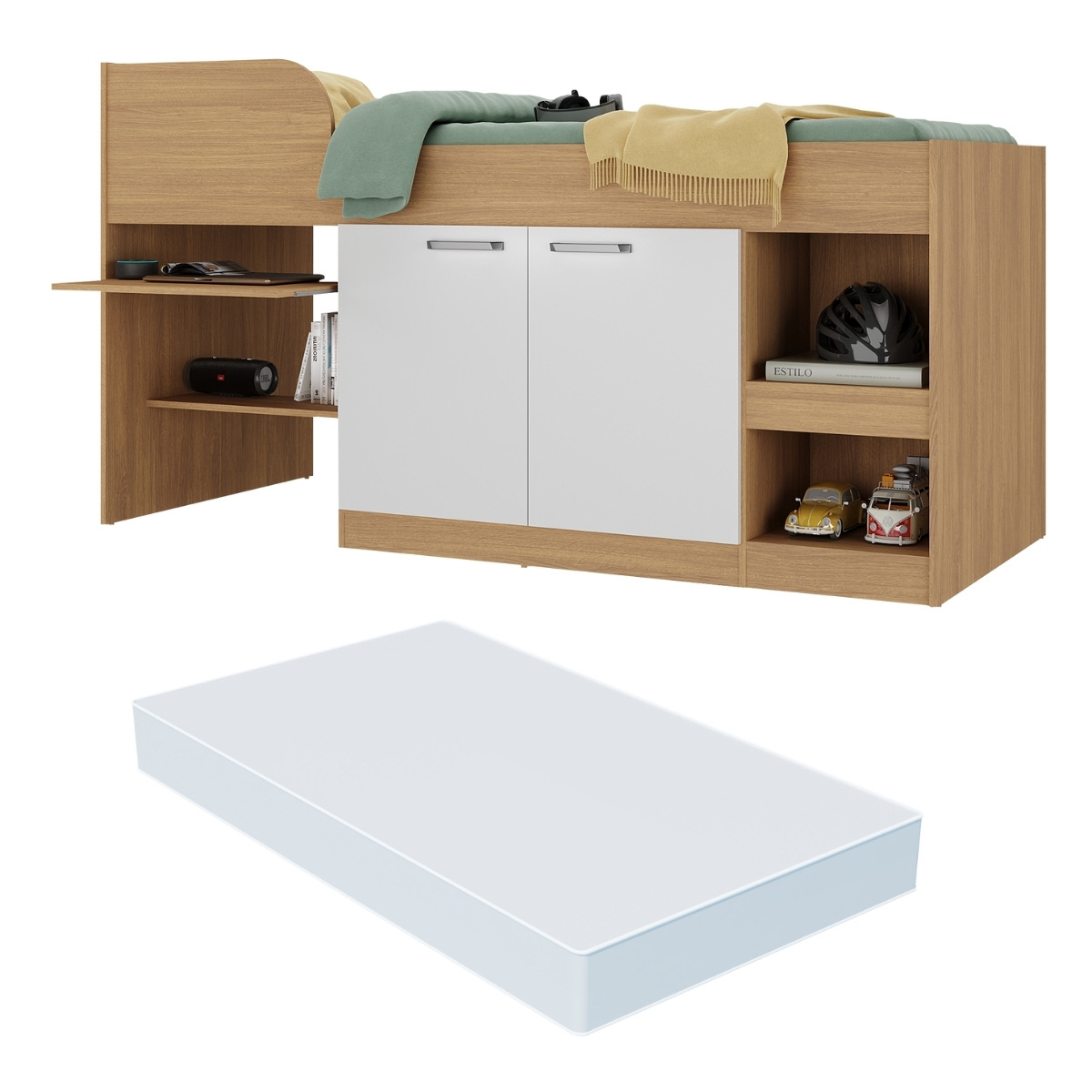 Cama Solteiro Multifuncional com Colchão Incluso 2 Portas e Escrivaninha Multimóveis MP4235 Rustic/Branco