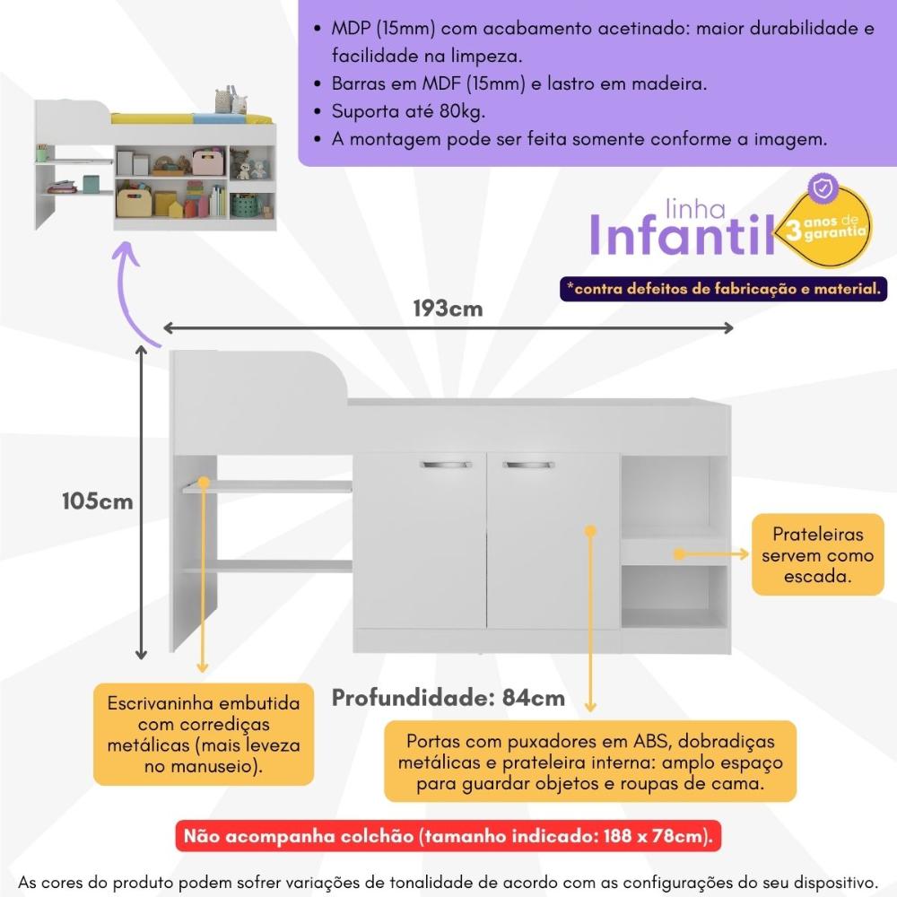 Cama Solteiro Multifuncional para Colchão 188 x 78cm com 2 Portas e Escrivaninha Multimóveis MP4230 Branco