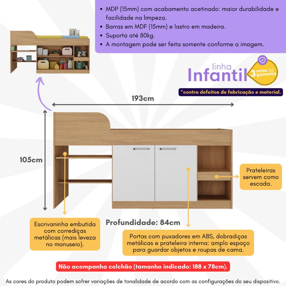 Cama Solteiro Multifuncional para Colchão 188 x 78cm com 2 Portas e Escrivaninha Multimóveis MP4230 Rustic/Branco