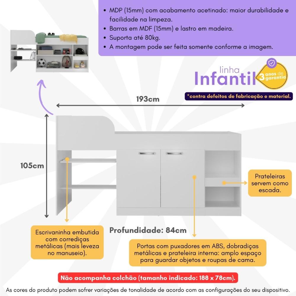 Cama Solteiro Multifuncional para Colchão 188 x 78cm com 2 Portas e Escrivaninha Multimóveis MP4234 Branco