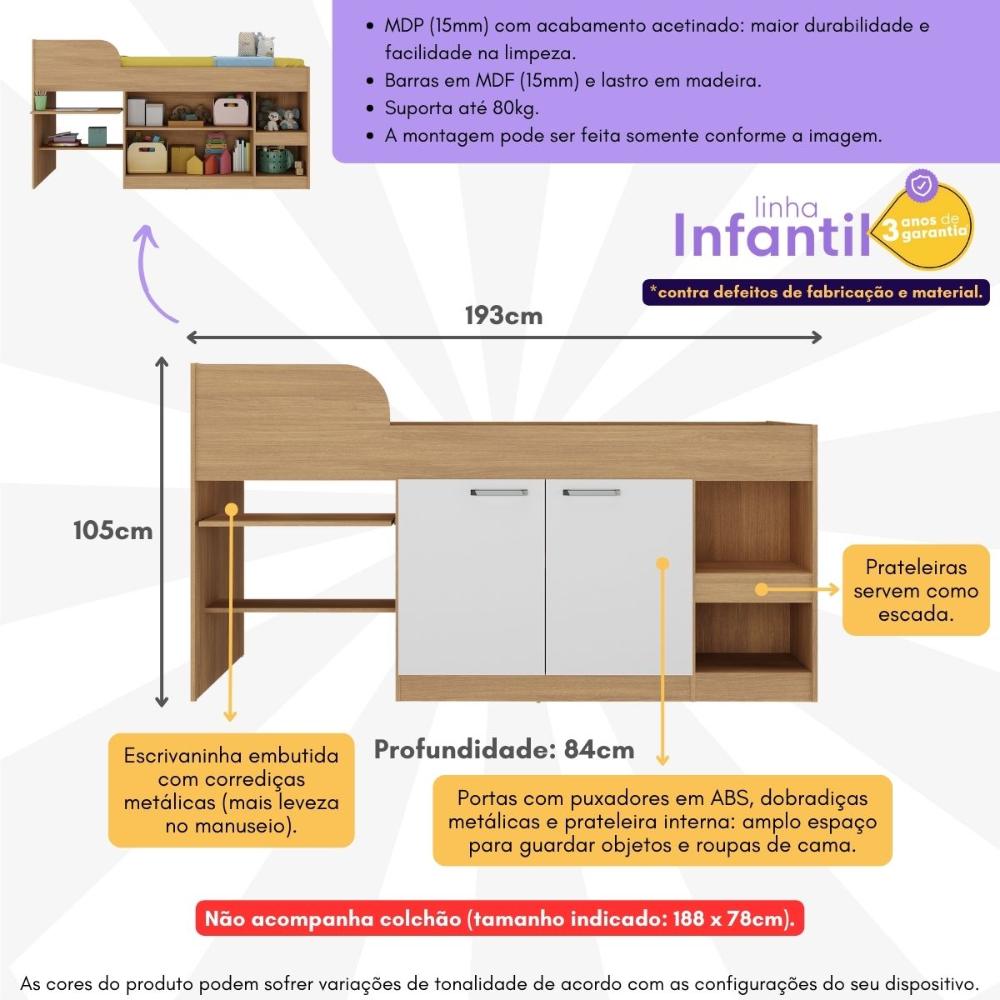 Cama Solteiro Multifuncional para Colchão 188 x 78cm com 2 Portas e Escrivaninha Multimóveis MP4234 Rustic/Branco