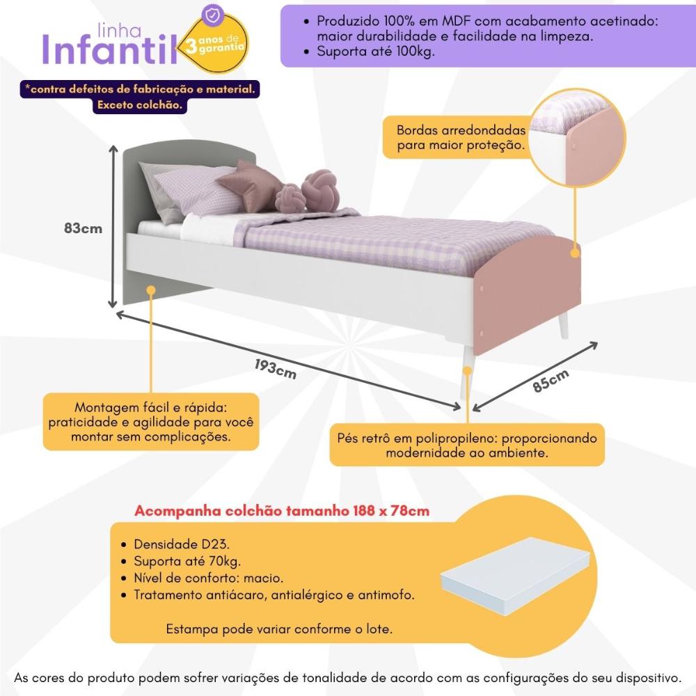 Cama Solteiro com Colchão Incluso 78x188cm 100% MDF Doçura Multimóveis Branca/Cinza/Rosa