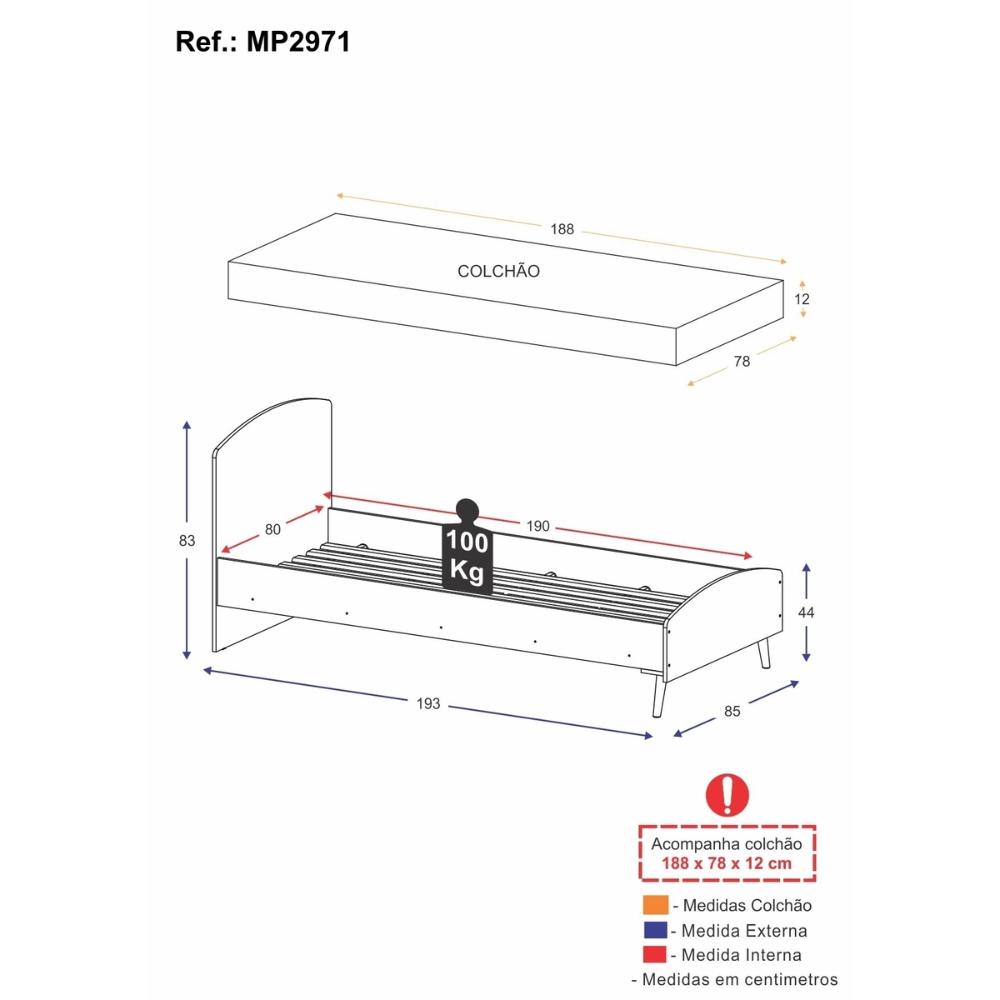 Cama Solteiro com Colchão Incluso 78x188cm 100% MDF Doçura Multimóveis Branca/Cinza/Rosa