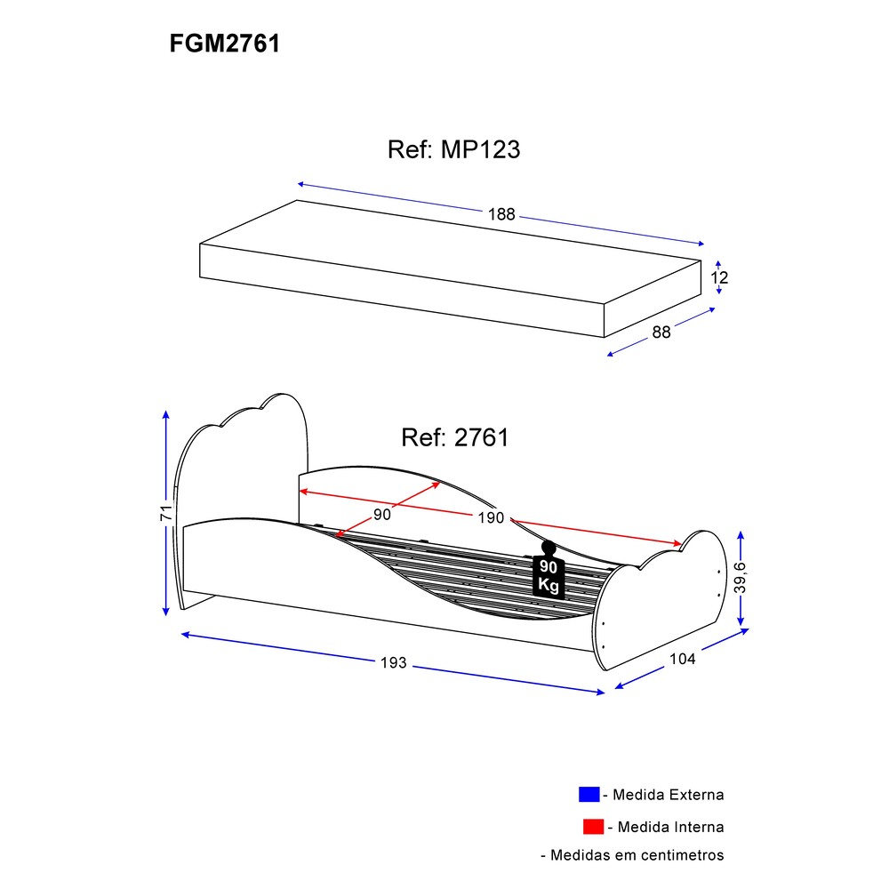 Cama Solteiro com Colchão Incluso 88 x 188 cm  100% MDF Safira Multimóveis FG2761 Branca