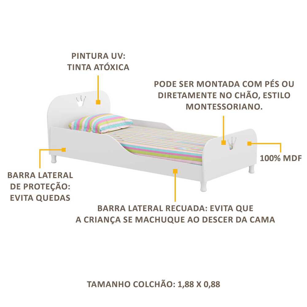 Cama Solteiro com Colchão Incluso 88 x 188 cm 100% MDF Realeza Multimóveis FG2320 Branco