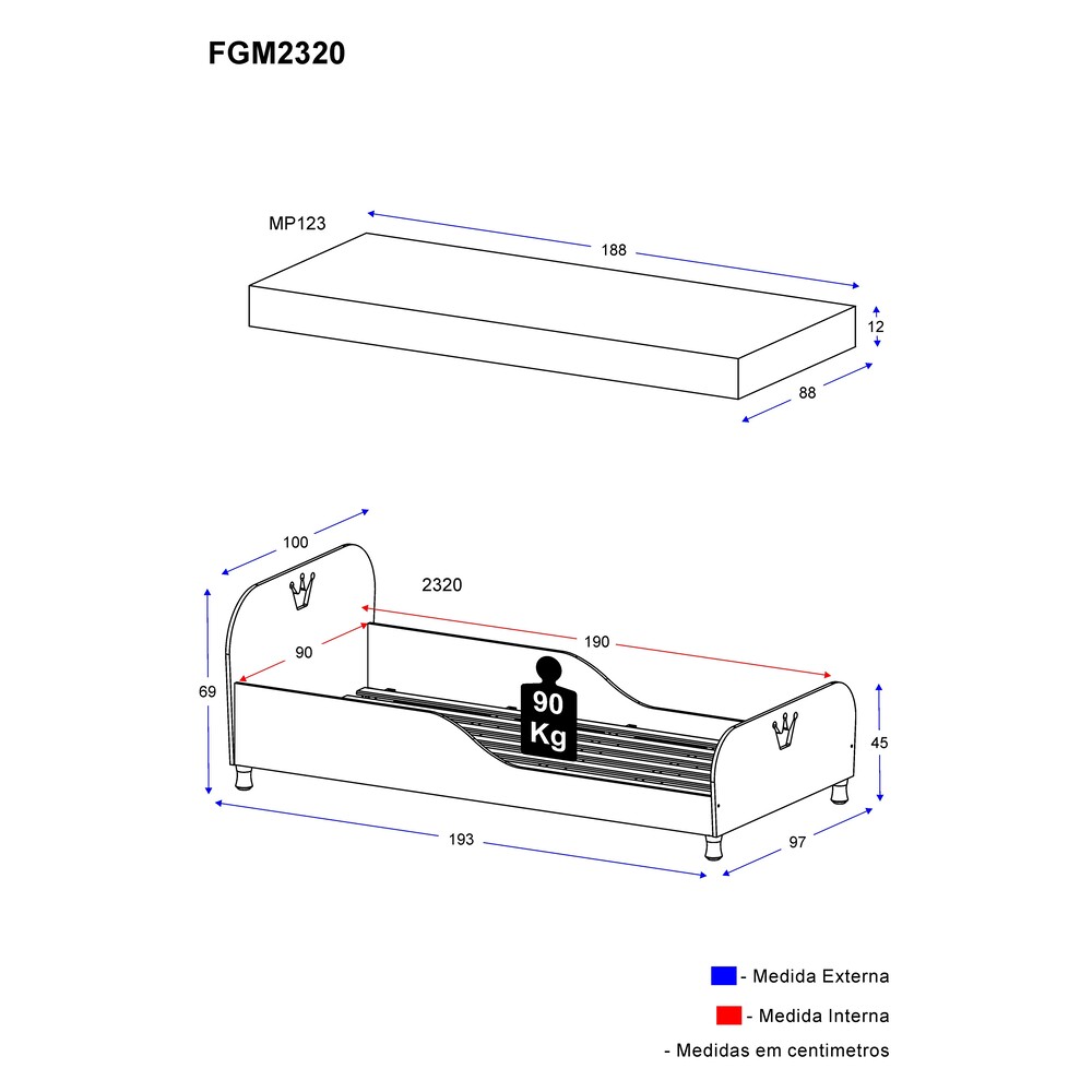 Cama Solteiro com Colchão Incluso 88 x 188 cm 100% MDF Realeza Multimóveis FG2320 Branco