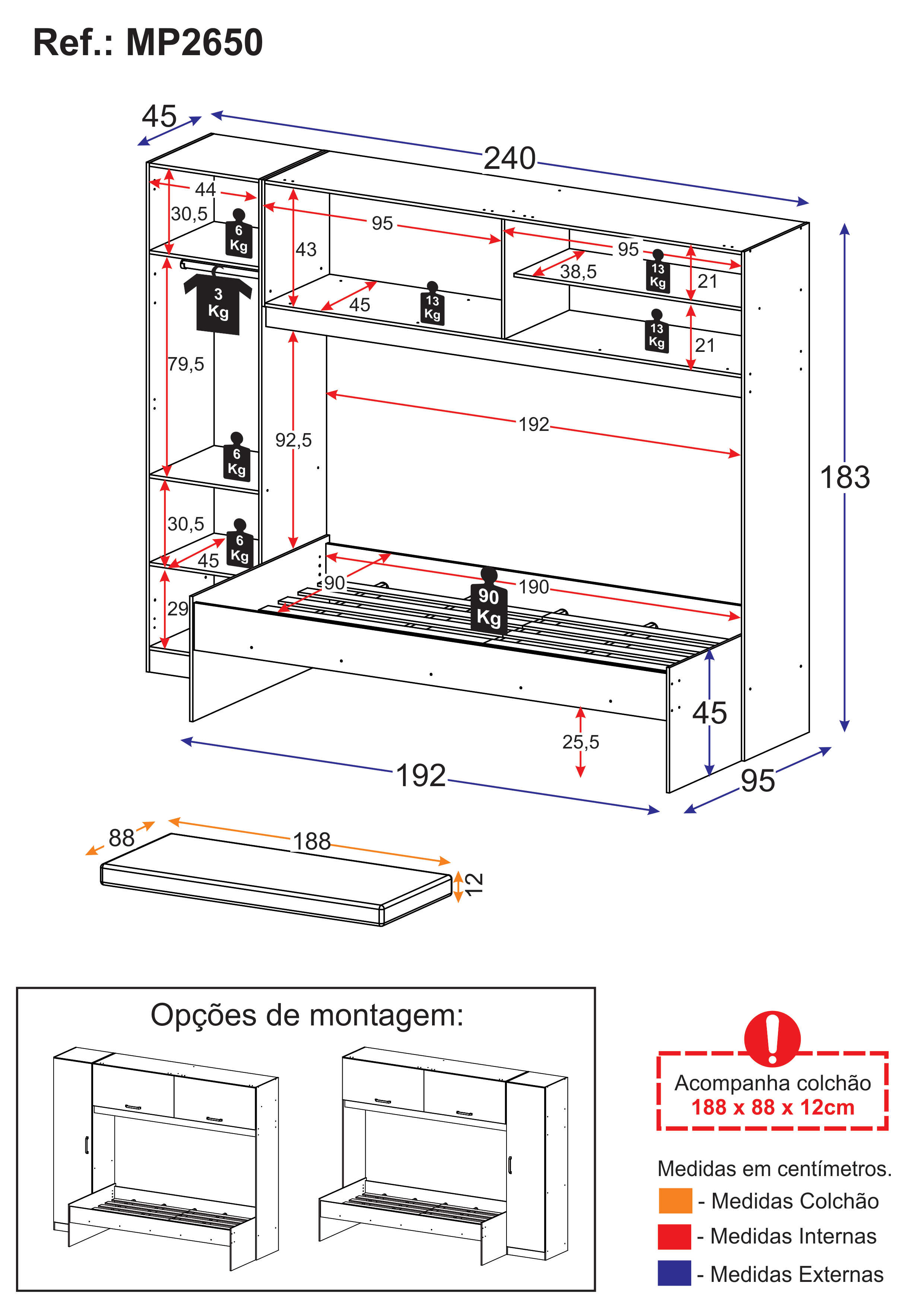 Cama Solteiro com Colchão Incluso 88 x 188 cm e Guarda Roupa/Roupeiro Multimóveis Branca