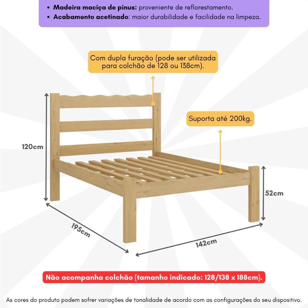Cama de Casal Madeira Maciça para Colchão 128/138x188cm Multimóveis CR35255 - Natural