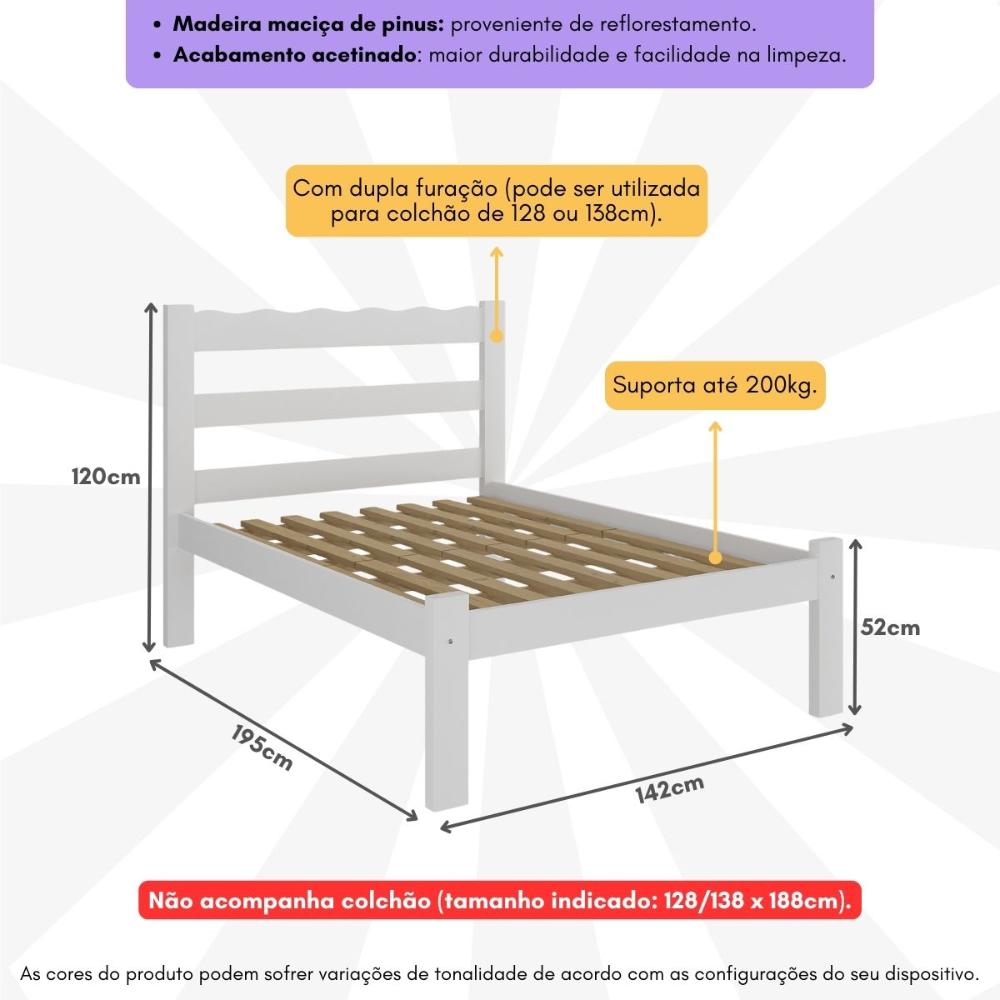 Cama de Casal Madeira Maciça para Colchão 128/138x188cm Multimóveis CR35255 Branco