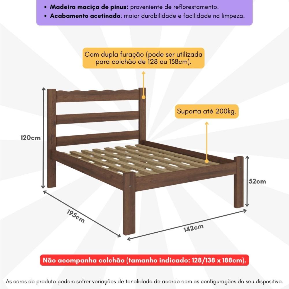 Cama de Casal Madeira Maciça para Colchão 128/138x188cm Multimóveis CR35255 Imbuia