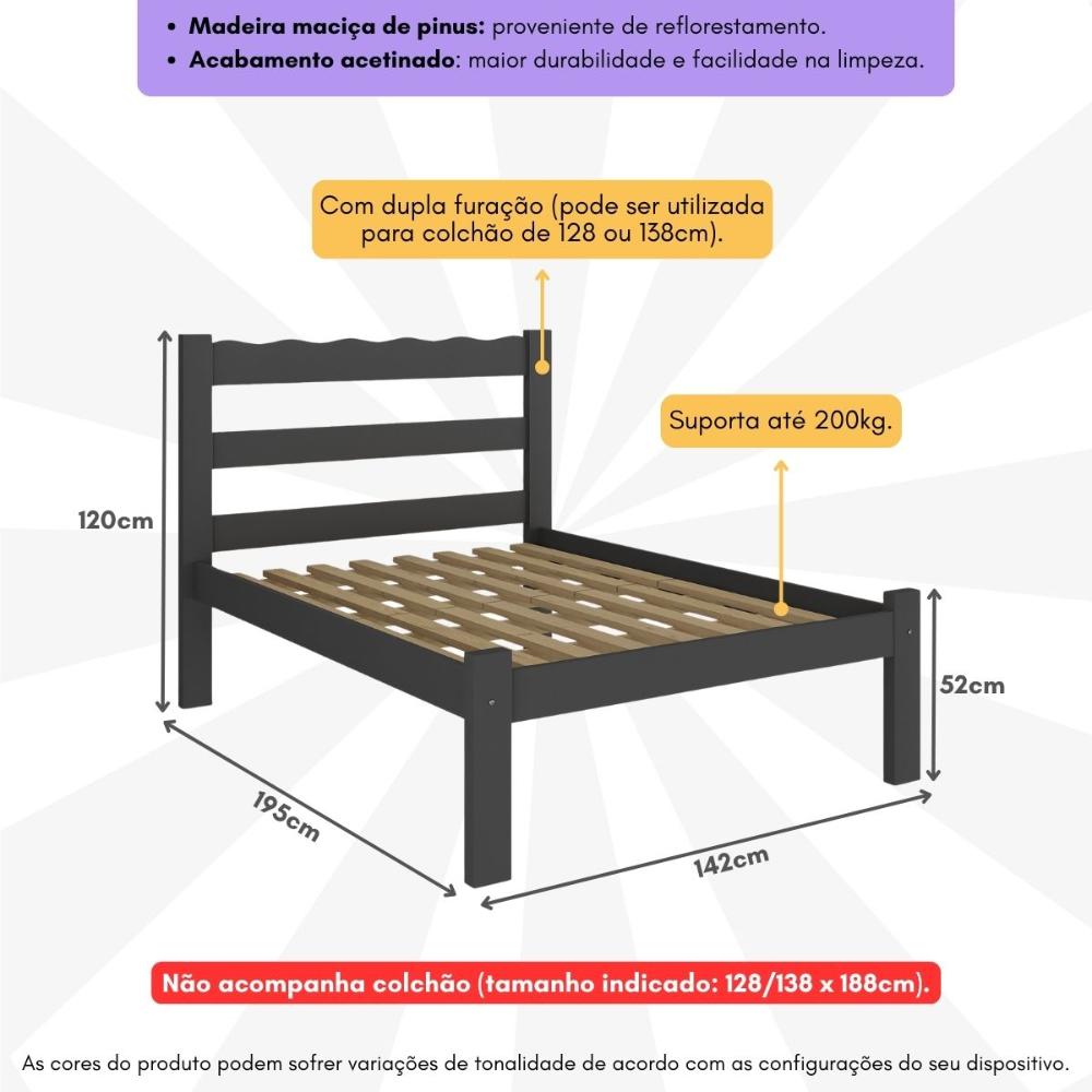Cama de Casal Madeira Maciça para Colchão 128/138x188cm Multimóveis CR35255 Preto
