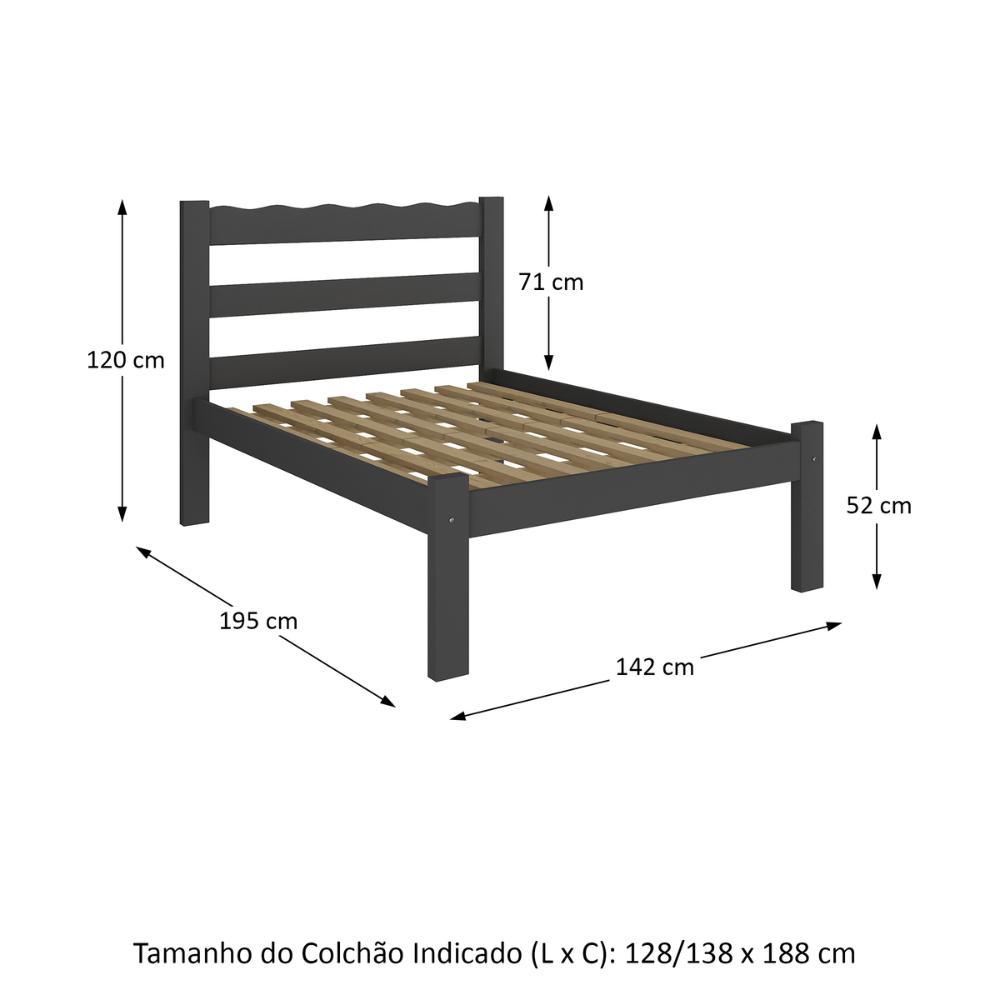 Cama de Casal Madeira Maciça para Colchão 128/138x188cm Multimóveis CR35255 Preto