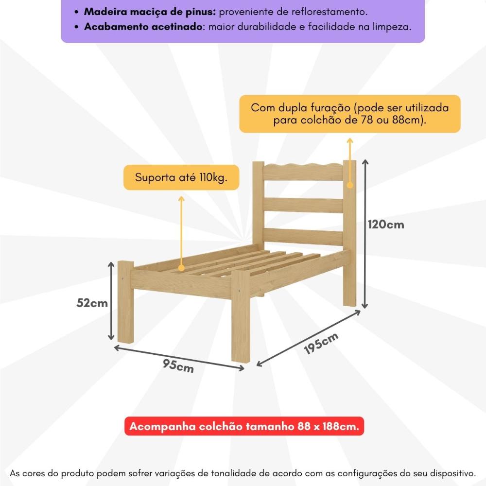 Cama de Solteiro Madeira Maciça com Colchão Incluso Multimóveis CR35256 - Natural