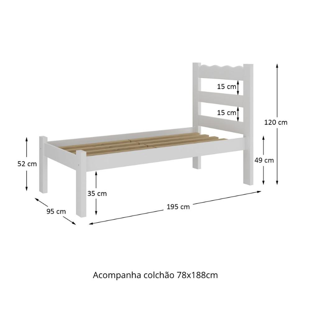 Cama de Solteiro Madeira Maciça com Colchão Incluso Multimóveis CR35256 Branco